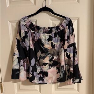 Bar III Black Floral Off-Shoulder Blouse with Pastel Blooms